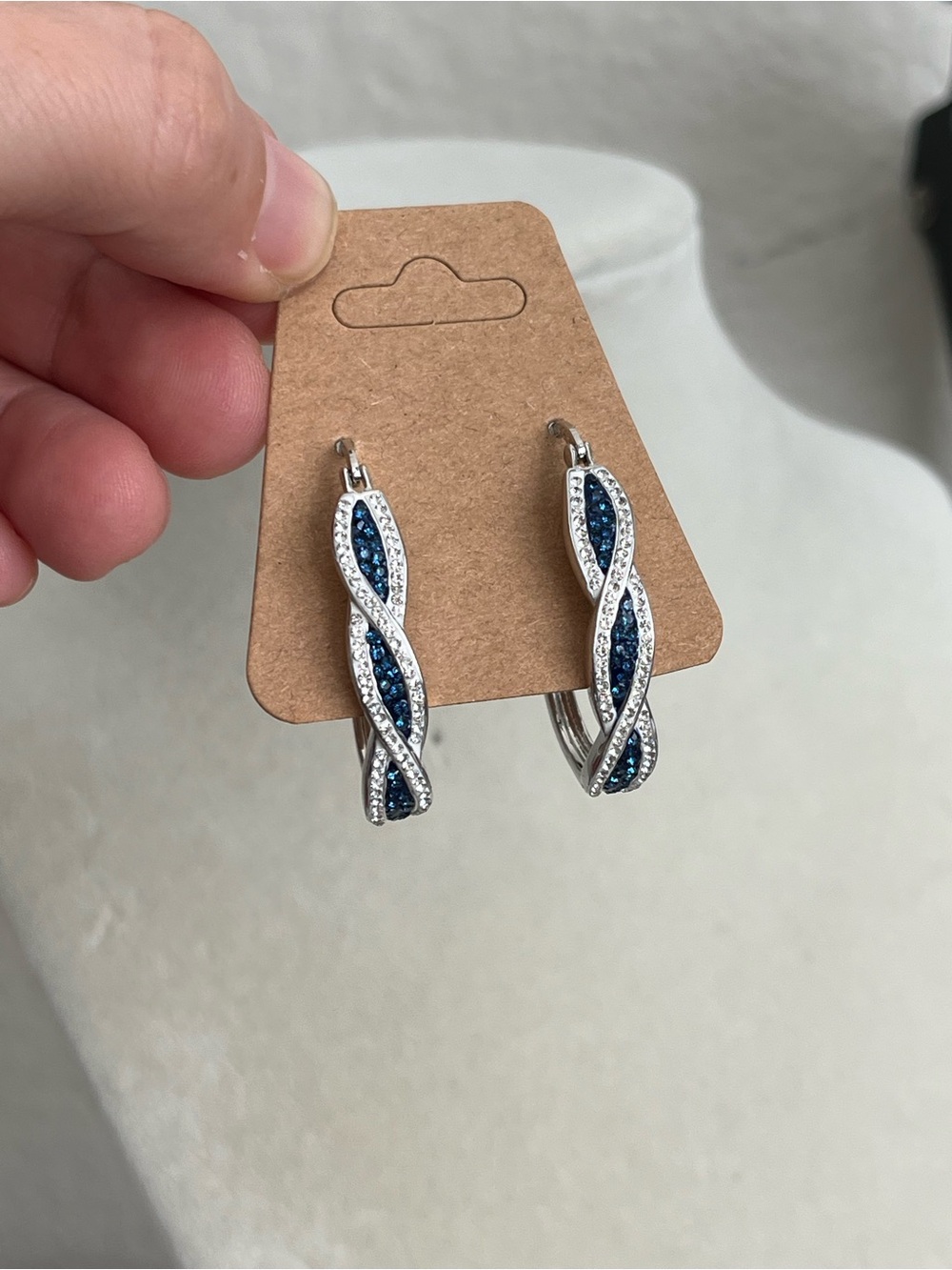 Rhinestone hoop silver tone earrings marked